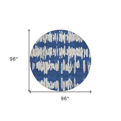 Tabselect Home Line 8' Navy Blue Gray And Ivory Round Striped Washable Indoor Outdoor Area Rug