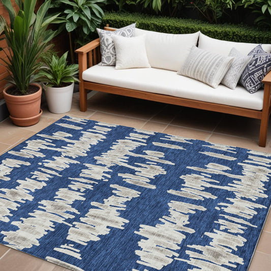 Tabselect Home Line 8' X 10' Navy Blue Gray And Ivory Striped Washable Indoor Outdoor Area Rug