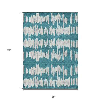 Tabselect Home Line 5' X 8' Teal Blue And Gray Striped Washable Indoor Outdoor Area Rug