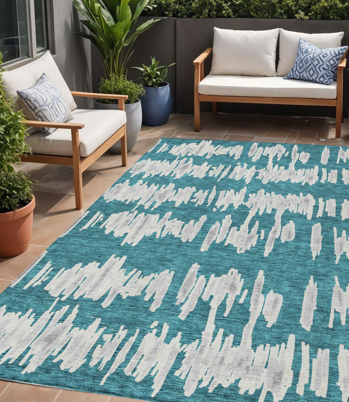 Tabselect Home Line 5' X 8' Teal Blue And Gray Striped Washable Indoor Outdoor Area Rug