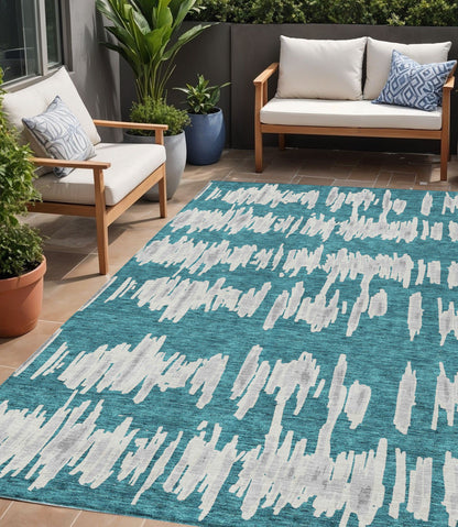 Tabselect Home Line 5' X 8' Teal Blue And Gray Striped Washable Indoor Outdoor Area Rug