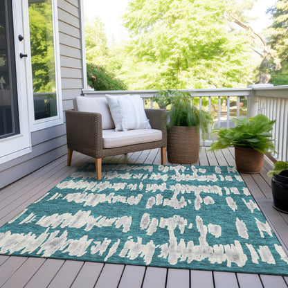 Tabselect Home Line 5' X 8' Teal Blue And Gray Striped Washable Indoor Outdoor Area Rug