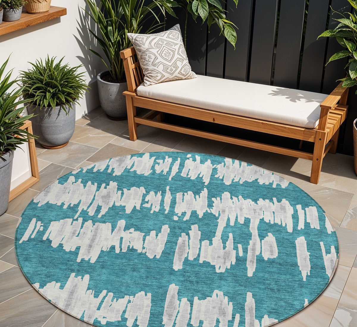 Tabselect Home Line 8' Teal Blue And Gray Round Striped Washable Indoor Outdoor Area Rug