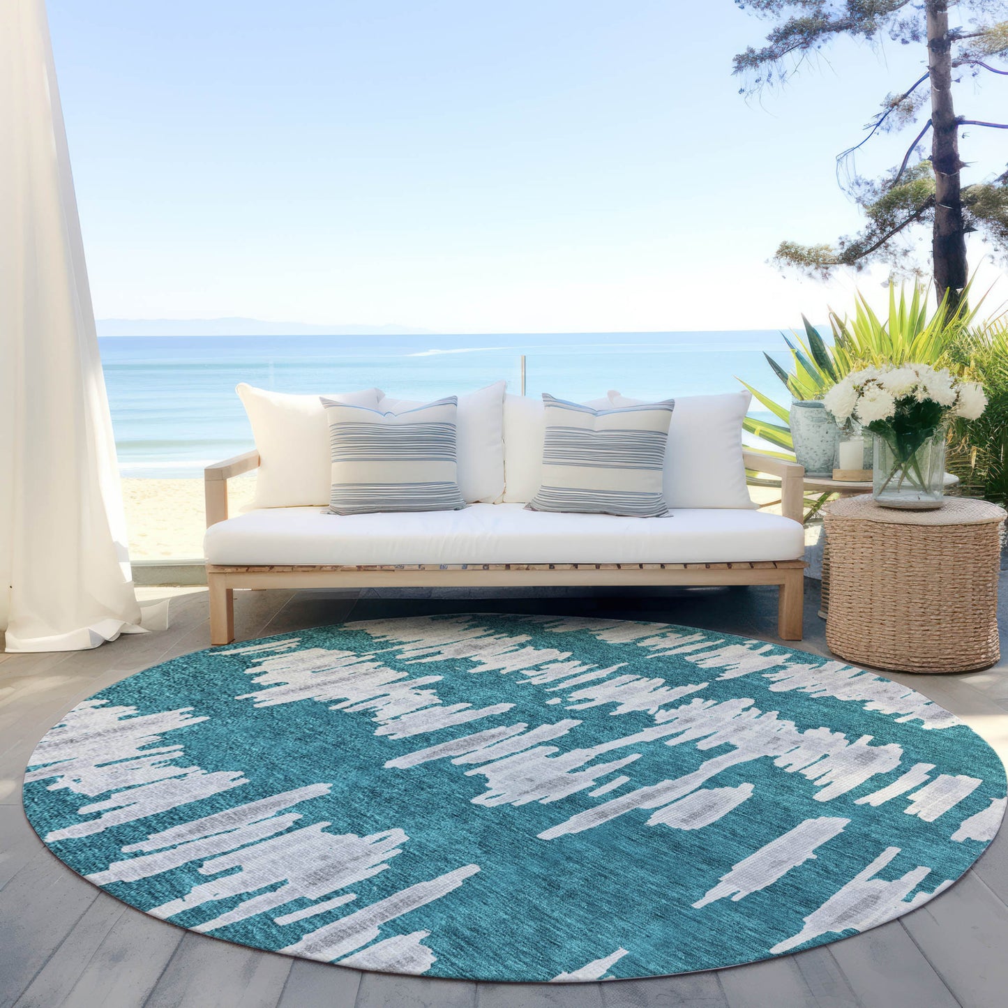 Tabselect Home Line 8' Teal Blue And Gray Round Striped Washable Indoor Outdoor Area Rug