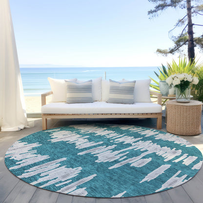 Tabselect Home Line 8' Teal Blue And Gray Round Striped Washable Indoor Outdoor Area Rug