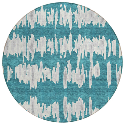 Tabselect Home Line 8' Teal Blue And Gray Round Striped Washable Indoor Outdoor Area Rug