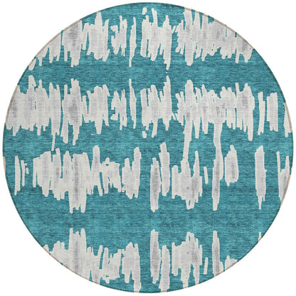 Tabselect Home Line 8' Teal Blue And Gray Round Striped Washable Indoor Outdoor Area Rug