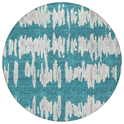 Tabselect Home Line 8' Teal Blue And Gray Round Striped Washable Indoor Outdoor Area Rug