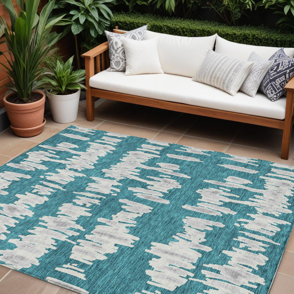 Tabselect Home Line 8' X 10' Teal Blue And Gray Striped Washable Indoor Outdoor Area Rug