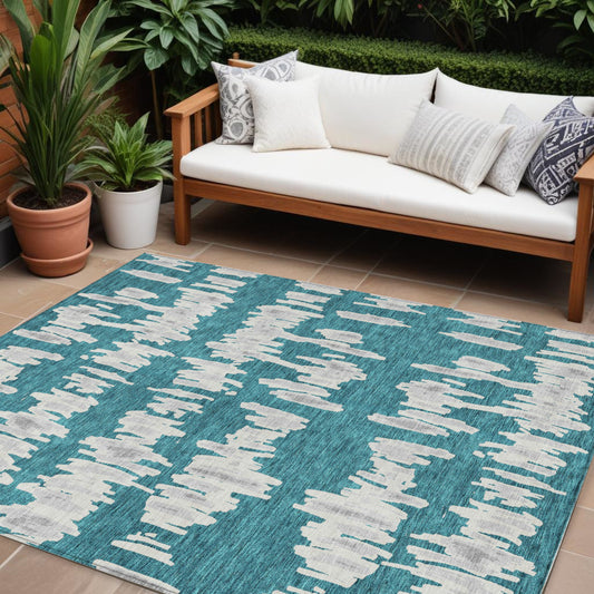 Tabselect Home Line 8' X 10' Teal Blue And Gray Striped Washable Indoor Outdoor Area Rug