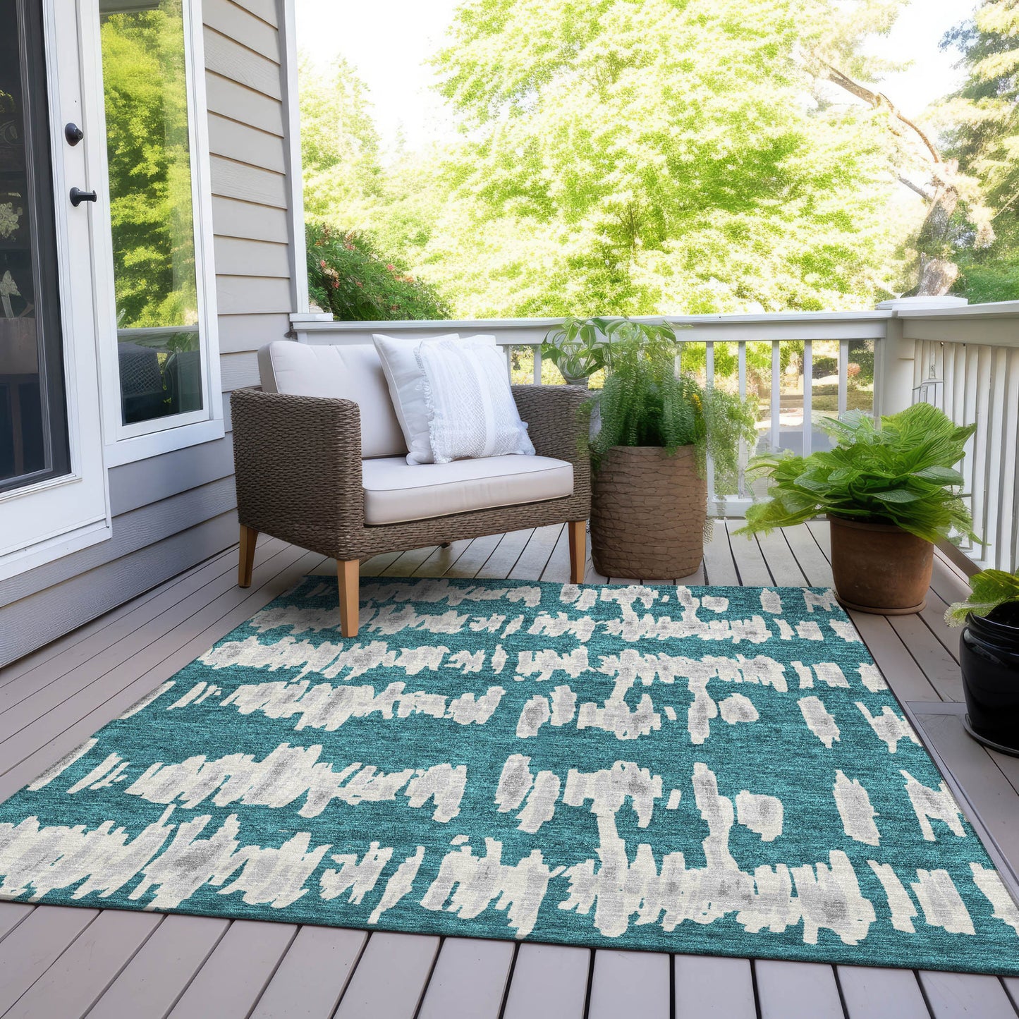 Tabselect Home Line 8' X 10' Teal Blue And Gray Striped Washable Indoor Outdoor Area Rug