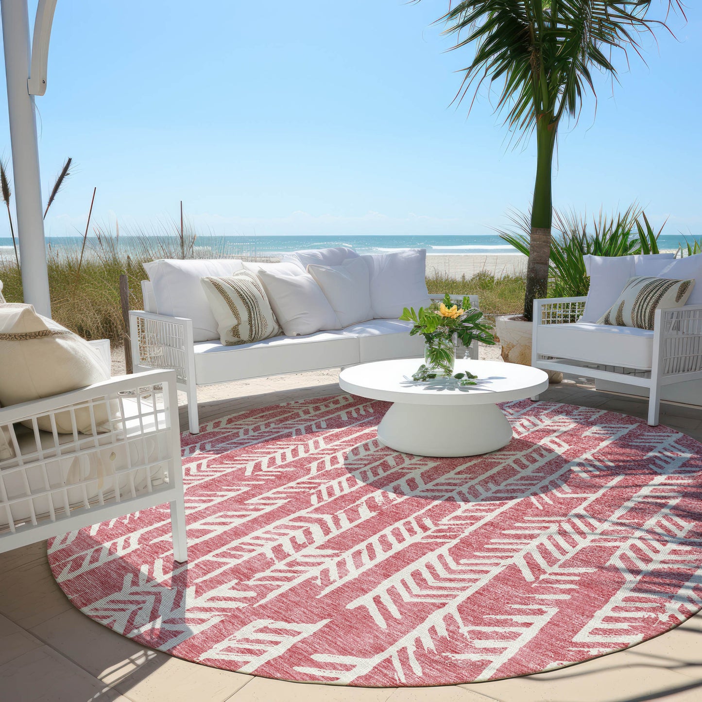 Tabselect Home Line 8' Blush And Ivory Round Tribal Washable Indoor Outdoor Area Rug