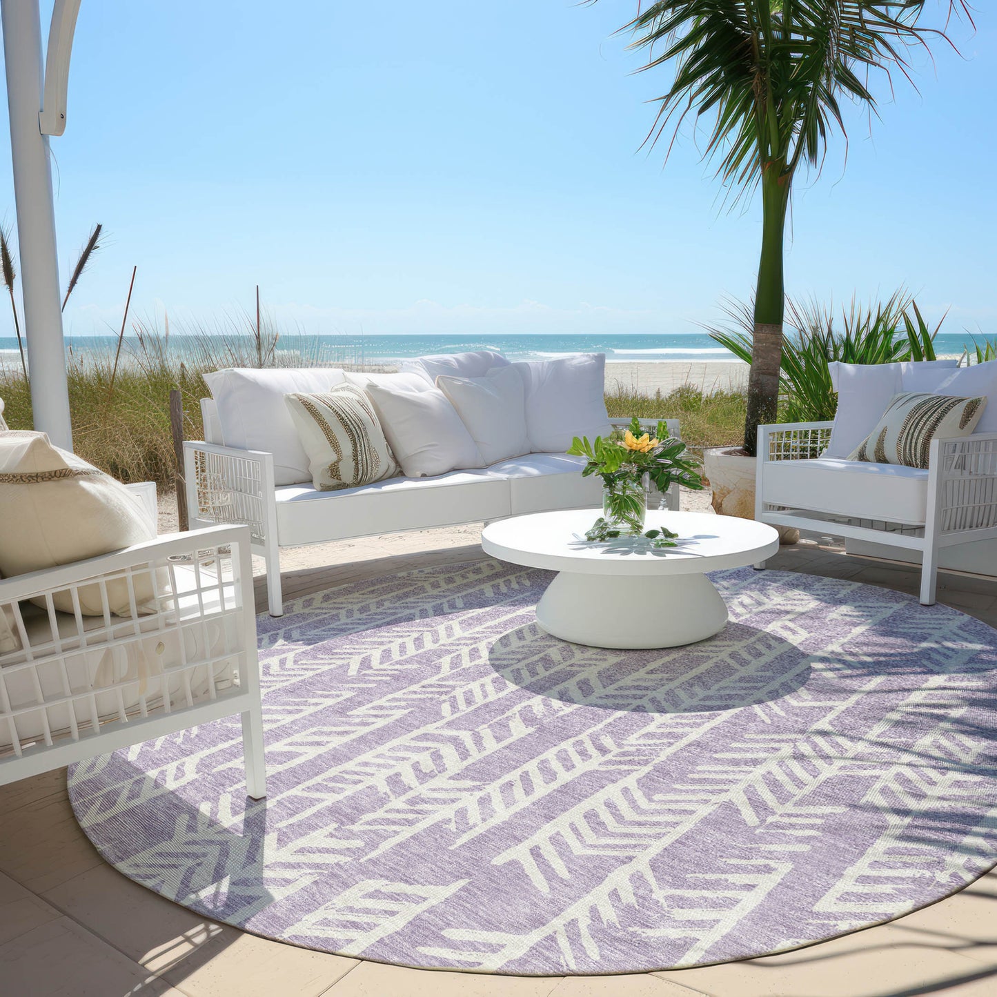Tabselect Home Line 8' Lavender And Ivory Round Tribal Washable Indoor Outdoor Area Rug