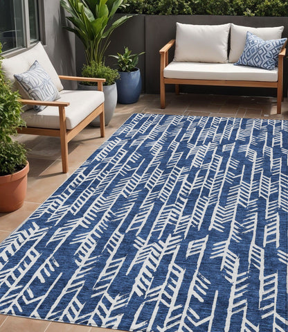 Tabselect Home Line 5' X 8' Navy Blue And Ivory Tribal Washable Indoor Outdoor Area Rug