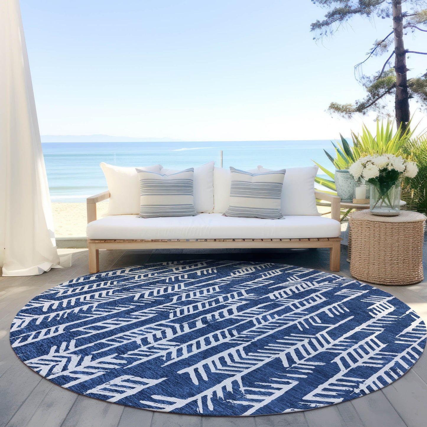 Tabselect Home Line 8' Navy Blue And Ivory Round Tribal Washable Indoor Outdoor Area Rug