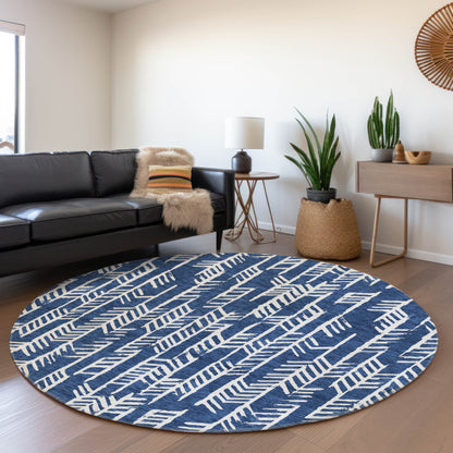 Tabselect Home Line 8' Navy Blue And Ivory Round Tribal Washable Indoor Outdoor Area Rug