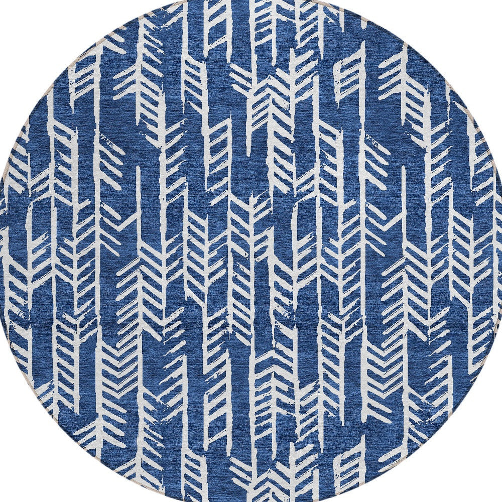 Tabselect Home Line 8' Navy Blue And Ivory Round Tribal Washable Indoor Outdoor Area Rug