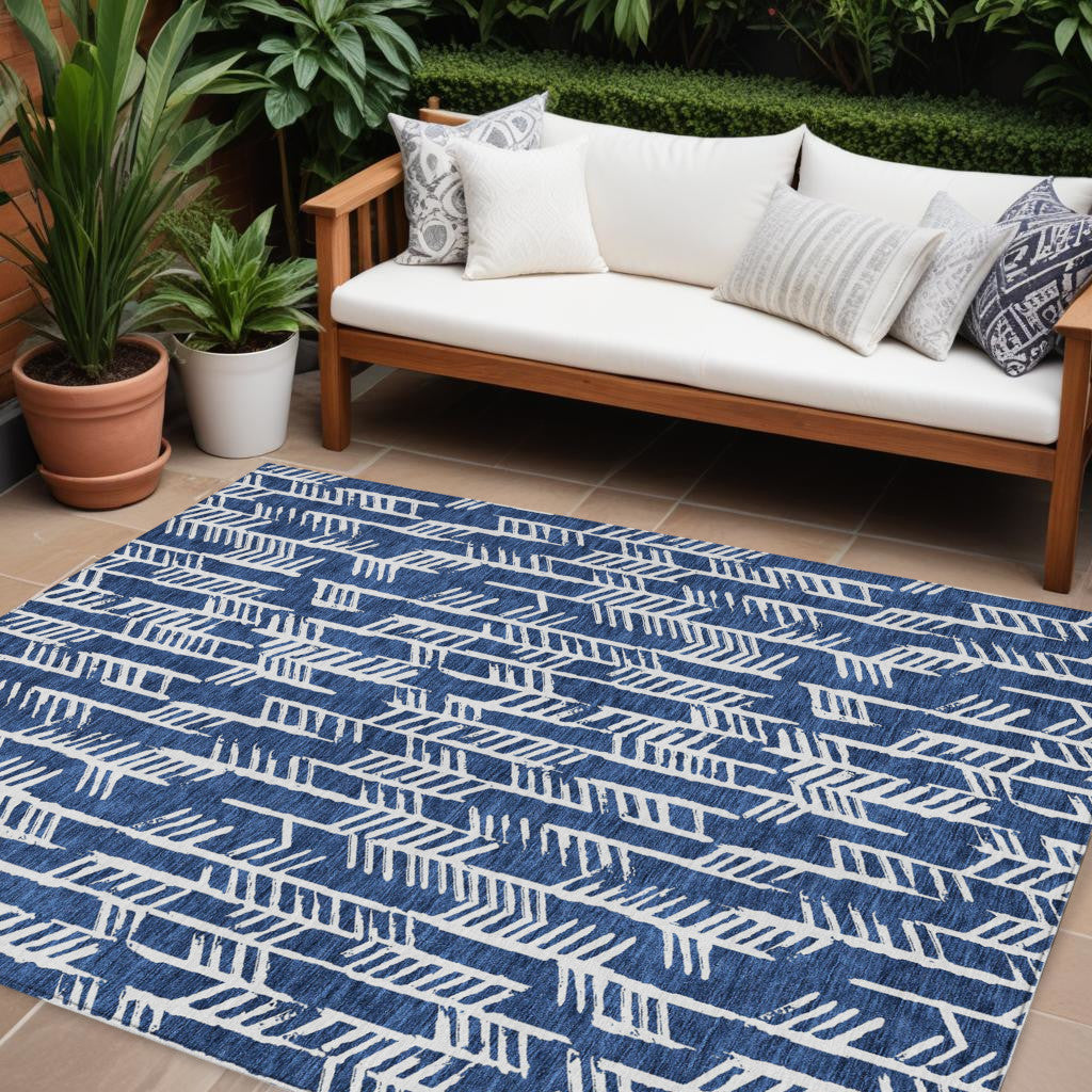 Tabselect Home Line 8' X 10' Navy Blue And Ivory Tribal Washable Indoor Outdoor Area Rug