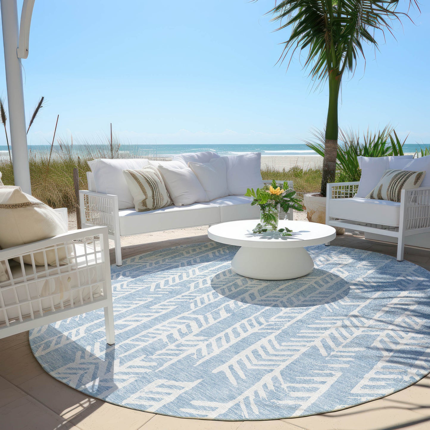 Tabselect Home Line 8' Sky Blue And Ivory Round Tribal Washable Indoor Outdoor Area Rug