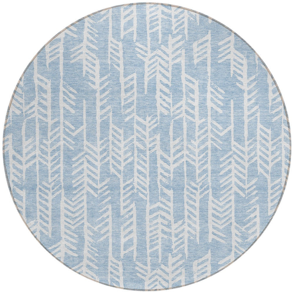 Tabselect Home Line 8' Sky Blue And Ivory Round Tribal Washable Indoor Outdoor Area Rug