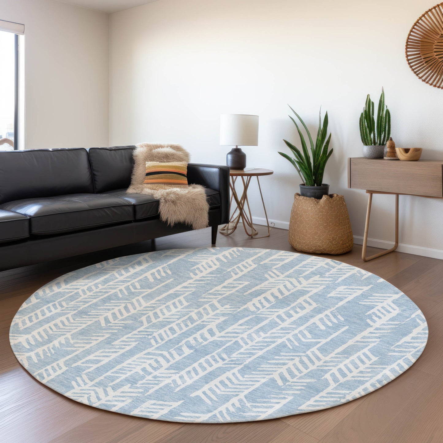 Tabselect Home Line 8' Sky Blue And Ivory Round Tribal Washable Indoor Outdoor Area Rug