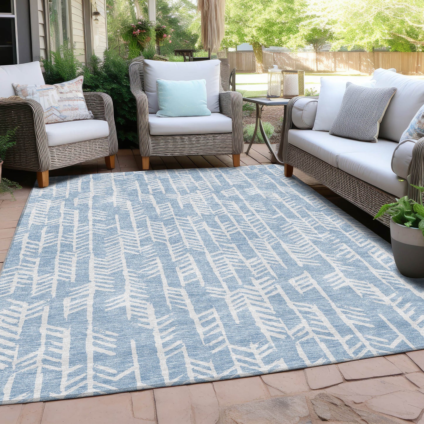 Tabselect Home Line 8' X 10' Sky Blue And Ivory Tribal Washable Indoor Outdoor Area Rug