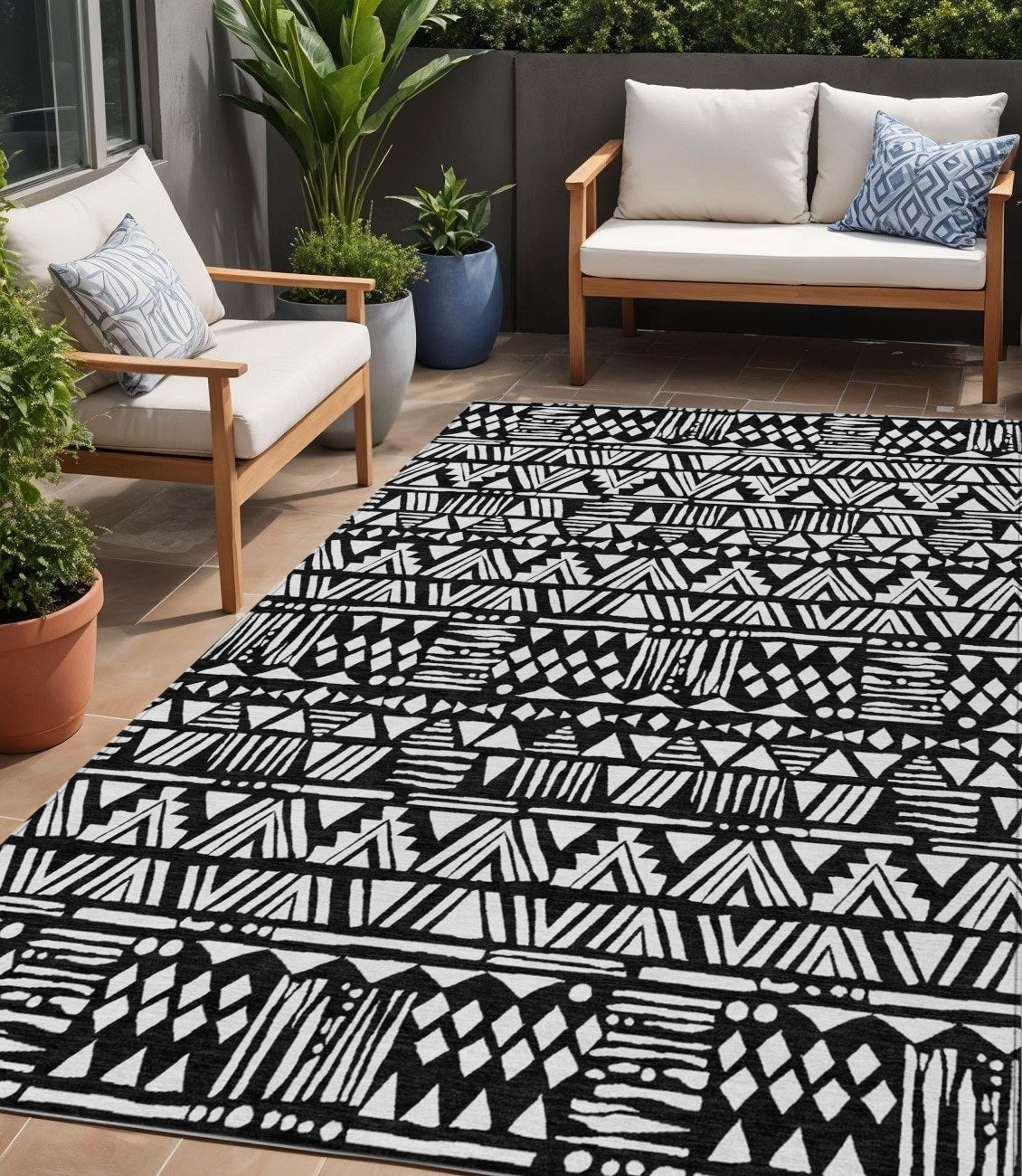 Tabselect Home Line 5' X 8' Black And Ivory Southwestern Washable Indoor Outdoor Area Rug