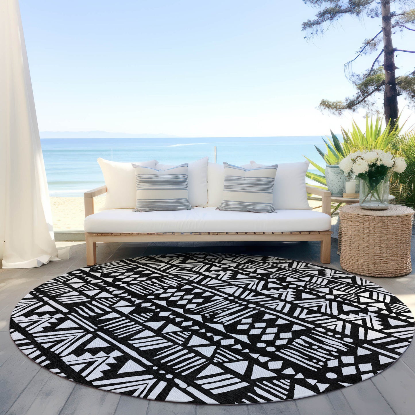 Tabselect Home Line 8' Black And Ivory Round Southwestern Washable Indoor Outdoor Area Rug