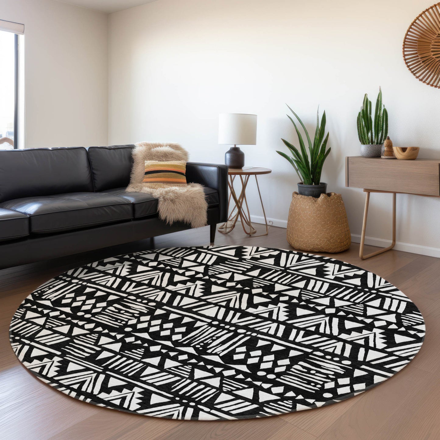 Tabselect Home Line 8' Black And Ivory Round Southwestern Washable Indoor Outdoor Area Rug