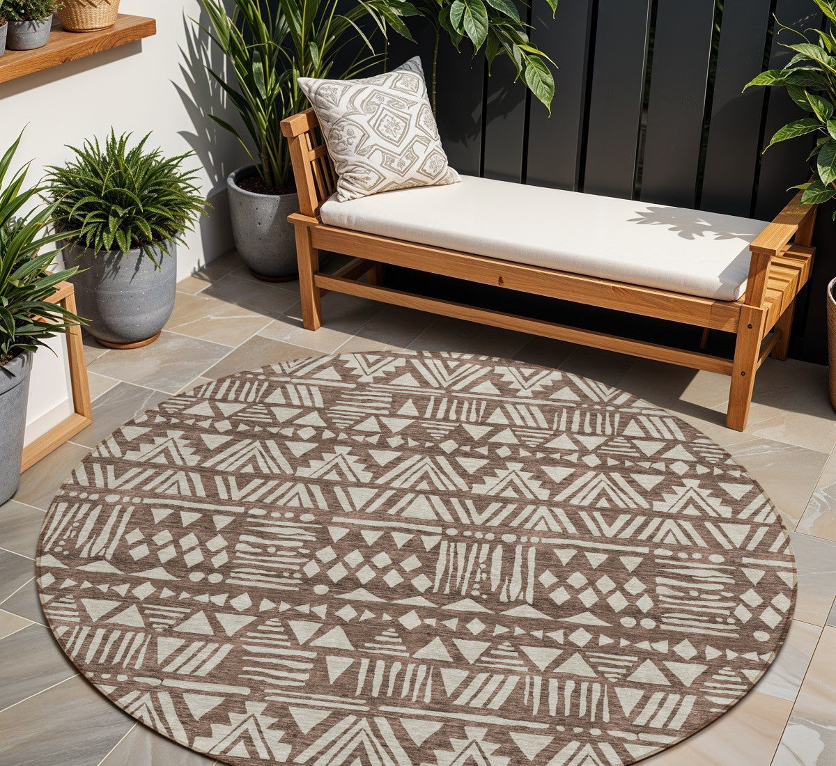 Tabselect Home Line 8' Brown And Beige Round Southwestern Washable Indoor Outdoor Area Rug