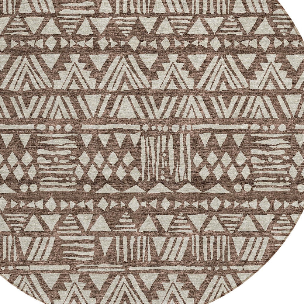 Tabselect Home Line 8' Brown And Beige Round Southwestern Washable Indoor Outdoor Area Rug