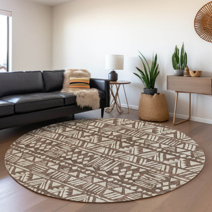 Tabselect Home Line 8' Brown And Beige Round Southwestern Washable Indoor Outdoor Area Rug