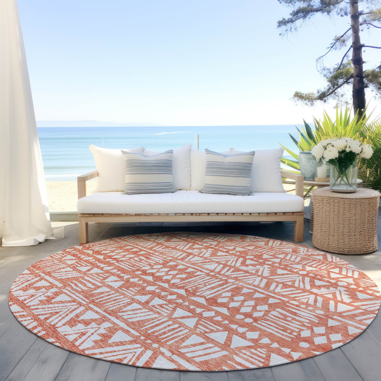 Tabselect Home Line 8' Coral And Ivory Round Southwestern Washable Indoor Outdoor Area Rug