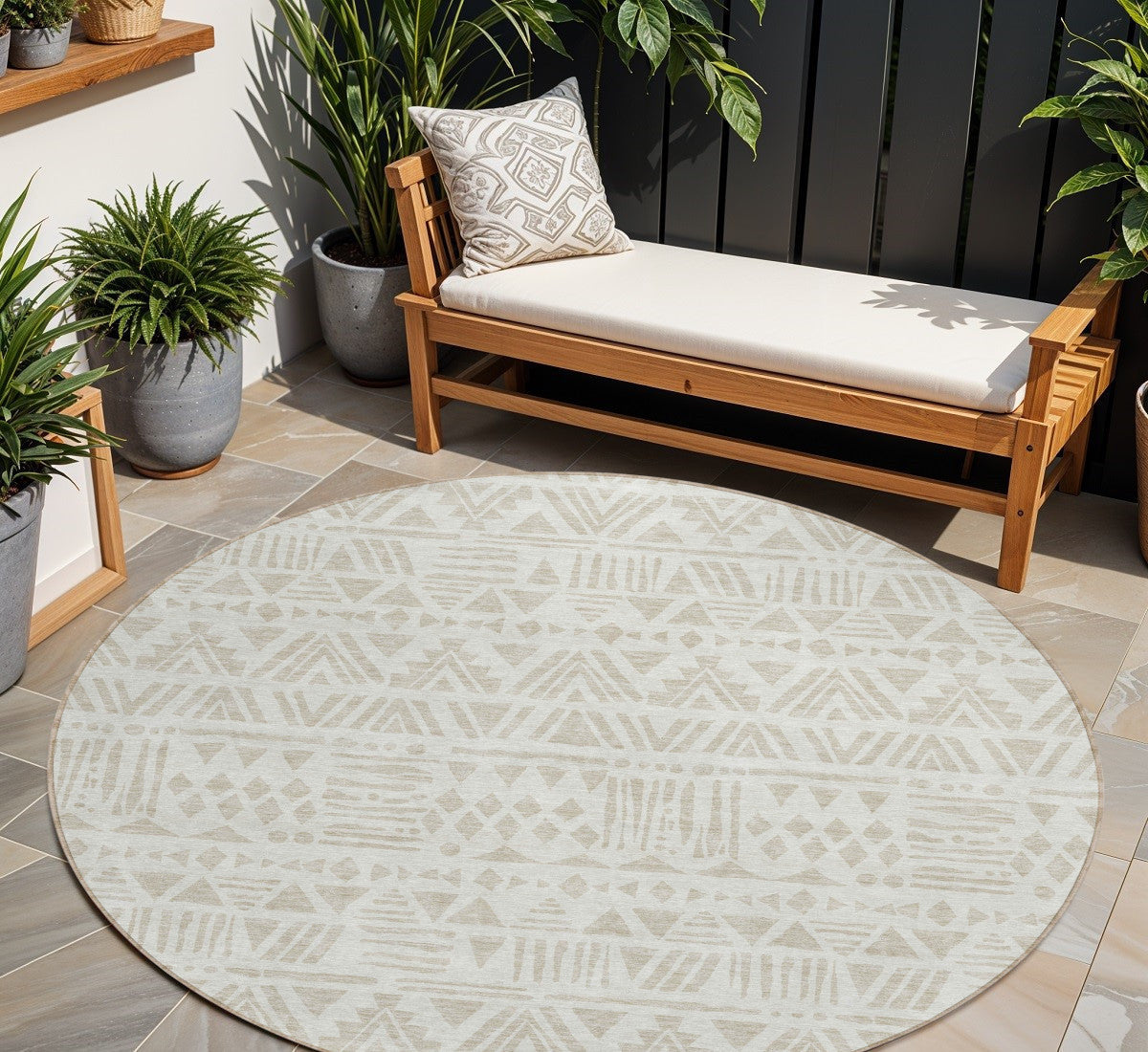 Tabselect Home Line 8' Ivory And Beige Round Southwestern Washable Indoor Outdoor Area Rug