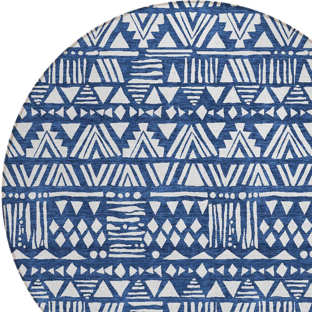 Tabselect Home Line 8' Navy Blue And Ivory Round Southwestern Washable Indoor Outdoor Area Rug
