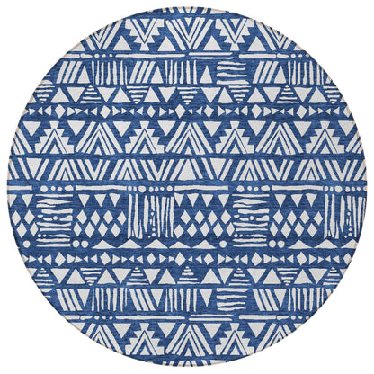 Tabselect Home Line 8' Navy Blue And Ivory Round Southwestern Washable Indoor Outdoor Area Rug