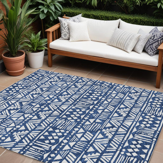 Tabselect Home Line 8' X 10' Navy Blue And Ivory Southwestern Washable Indoor Outdoor Area Rug