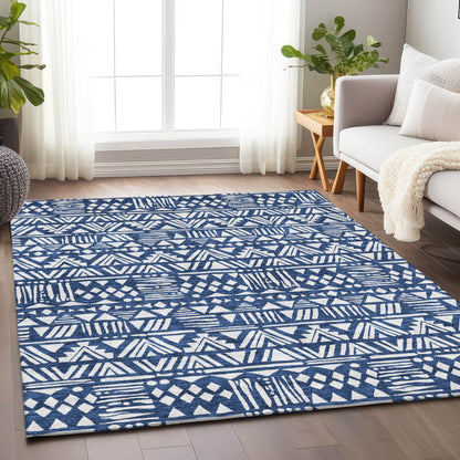 Tabselect Home Line 8' X 10' Navy Blue And Ivory Southwestern Washable Indoor Outdoor Area Rug