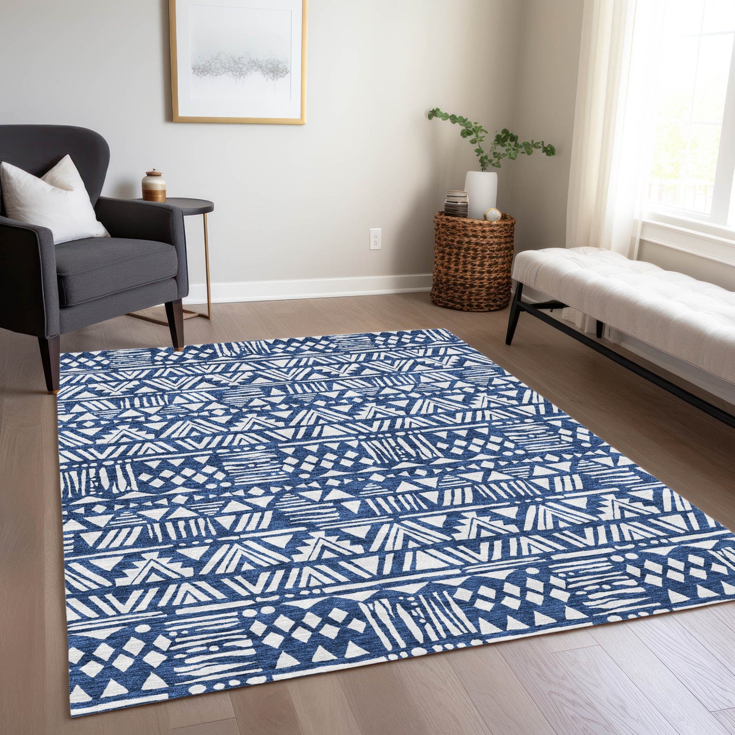 Tabselect Home Line 8' X 10' Navy Blue And Ivory Southwestern Washable Indoor Outdoor Area Rug