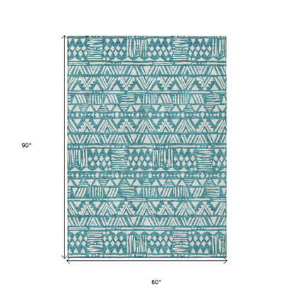 Tabselect Home Line 5' X 8' Teal Blue And Ivory Southwestern Washable Indoor Outdoor Area Rug