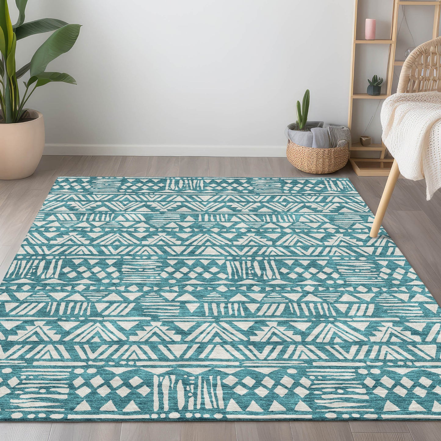 Tabselect Home Line 5' X 8' Teal Blue And Ivory Southwestern Washable Indoor Outdoor Area Rug