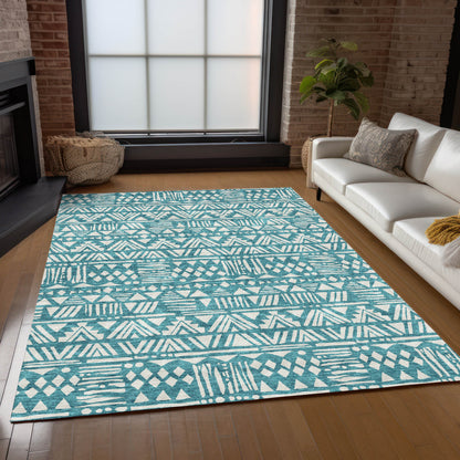 Tabselect Home Line 5' X 8' Teal Blue And Ivory Southwestern Washable Indoor Outdoor Area Rug