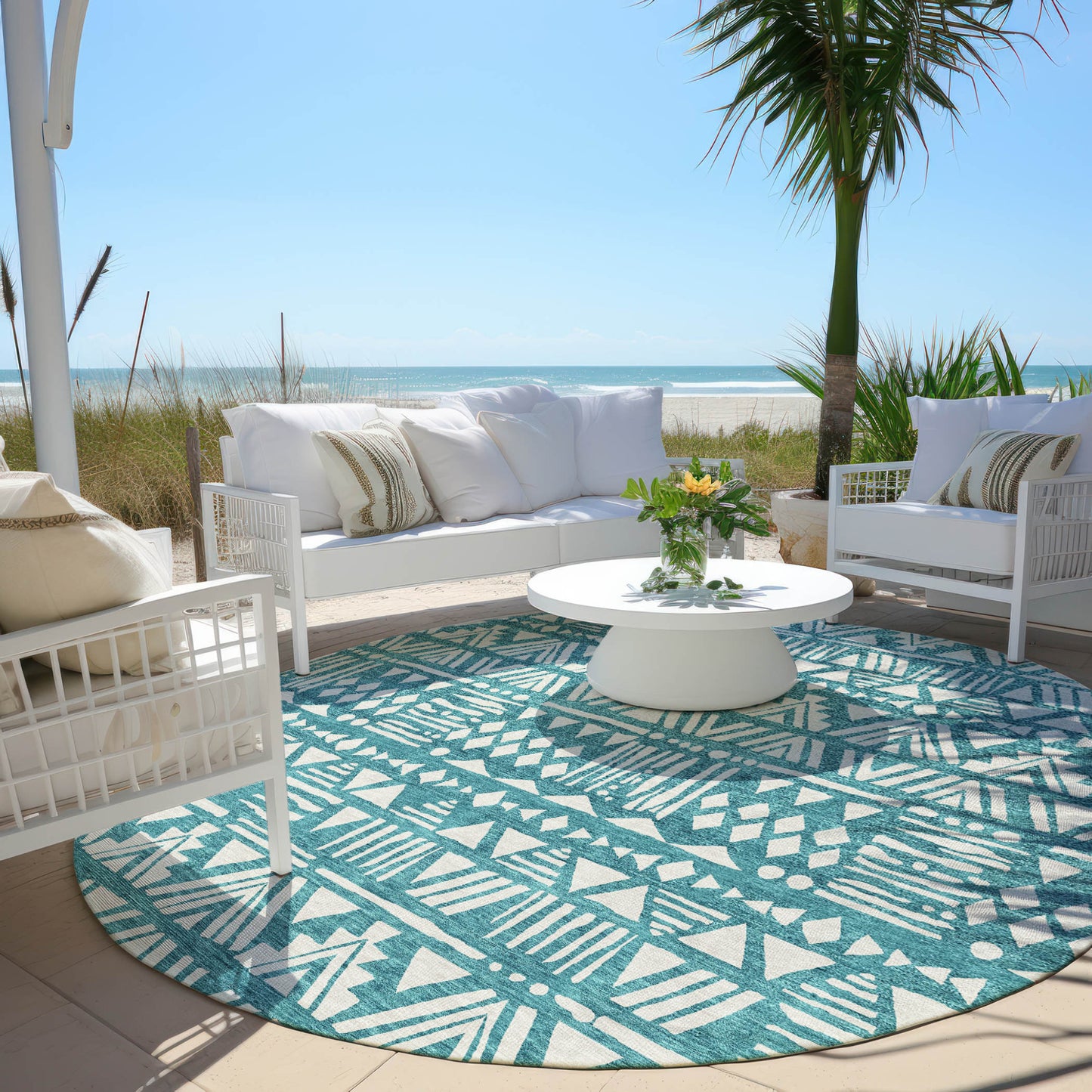 Tabselect Home Line 8' Teal Blue And Ivory Round Southwestern Washable Indoor Outdoor Area Rug