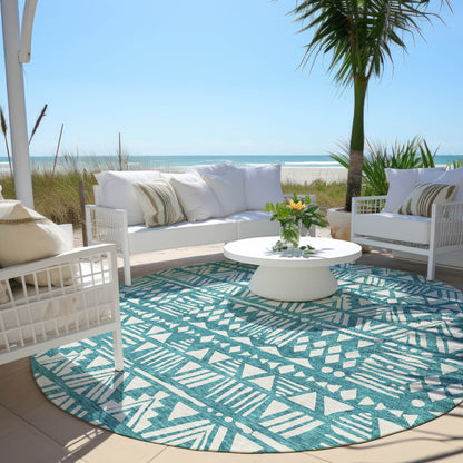 Tabselect Home Line 8' Teal Blue And Ivory Round Southwestern Washable Indoor Outdoor Area Rug
