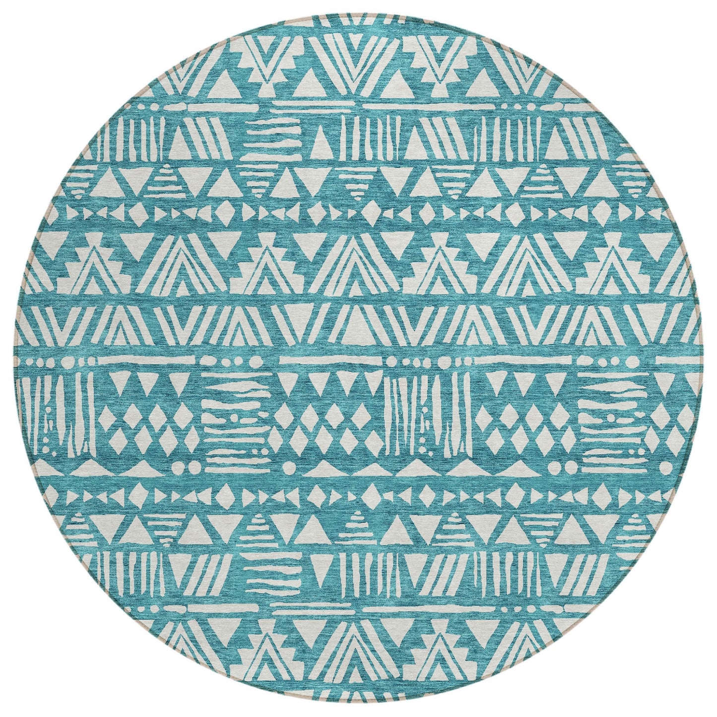 Tabselect Home Line 8' Teal Blue And Ivory Round Southwestern Washable Indoor Outdoor Area Rug
