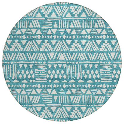 Tabselect Home Line 8' Teal Blue And Ivory Round Southwestern Washable Indoor Outdoor Area Rug