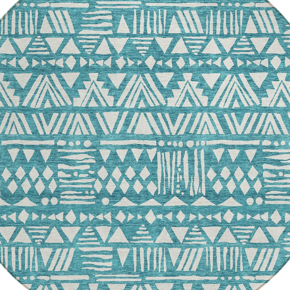 Tabselect Home Line 8' Teal Blue And Ivory Round Southwestern Washable Indoor Outdoor Area Rug