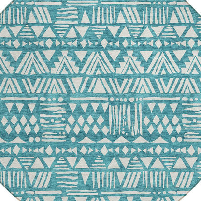 Tabselect Home Line 8' Teal Blue And Ivory Round Southwestern Washable Indoor Outdoor Area Rug