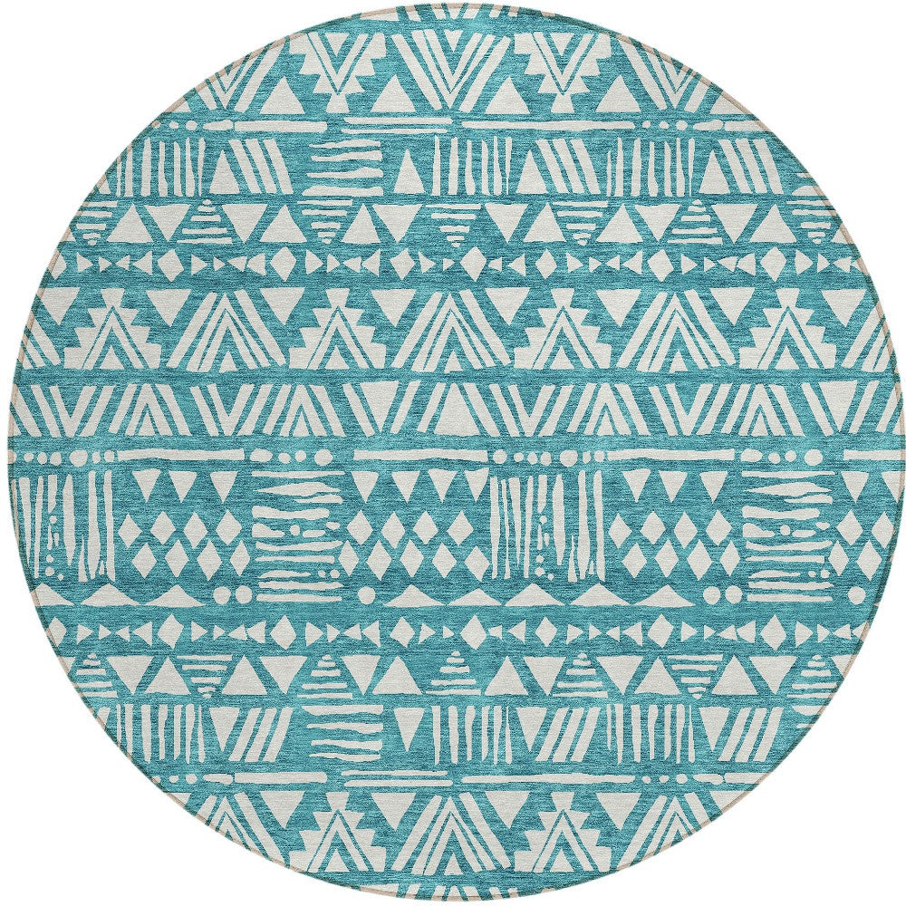 Tabselect Home Line 8' Teal Blue And Ivory Round Southwestern Washable Indoor Outdoor Area Rug