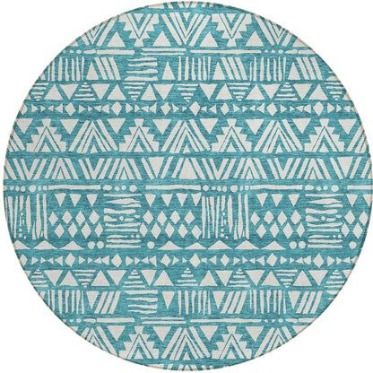 Tabselect Home Line 8' Teal Blue And Ivory Round Southwestern Washable Indoor Outdoor Area Rug